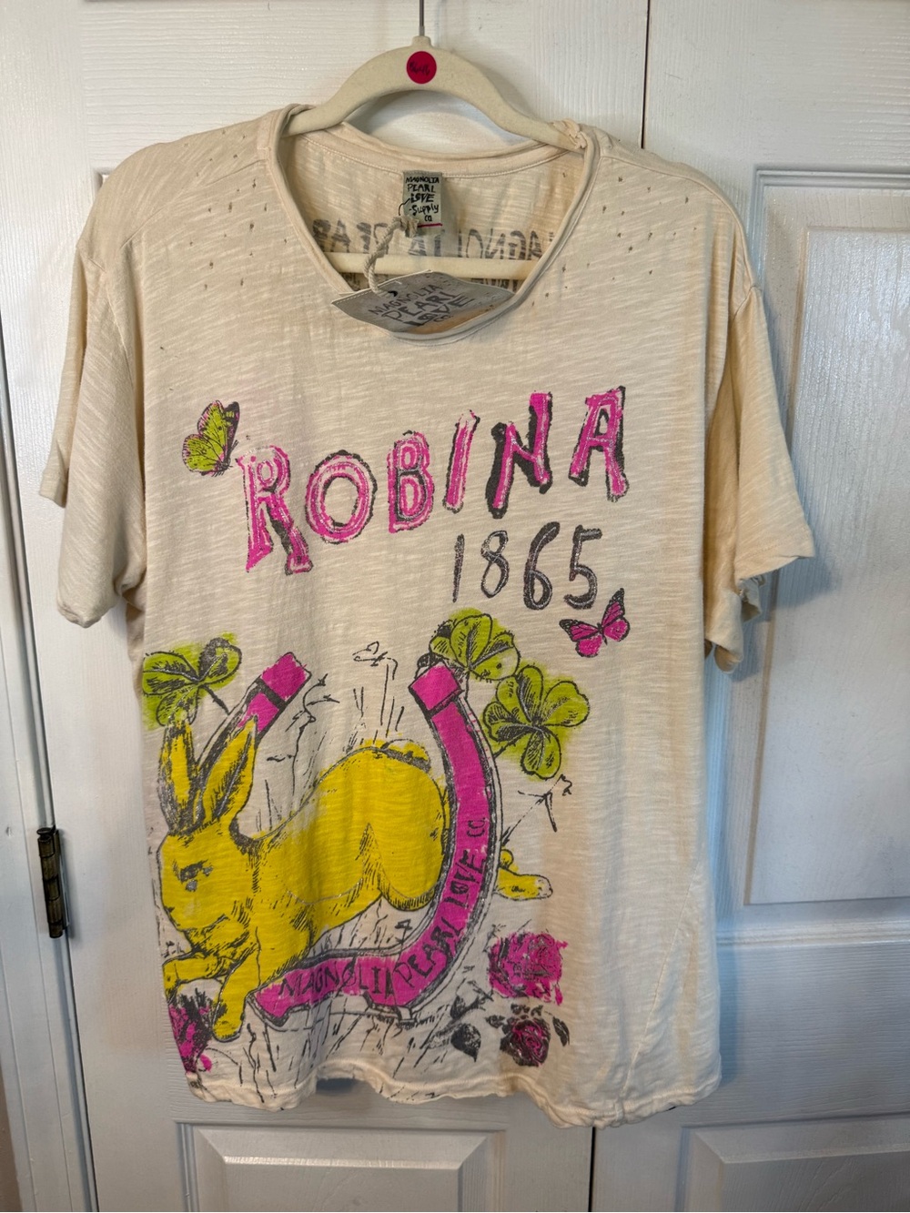 Magnolia Pearl Robina 1865 Short Sleeve Tee Cream with Pink & Yellow Graphics